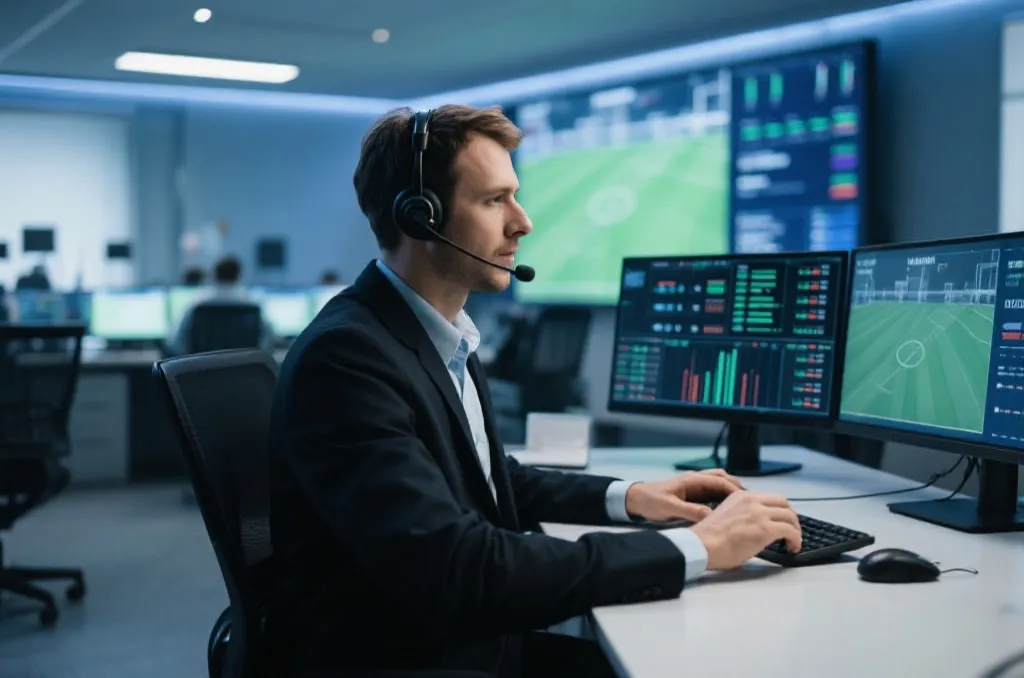 Professional support agent working in a modern control center with sports data screens