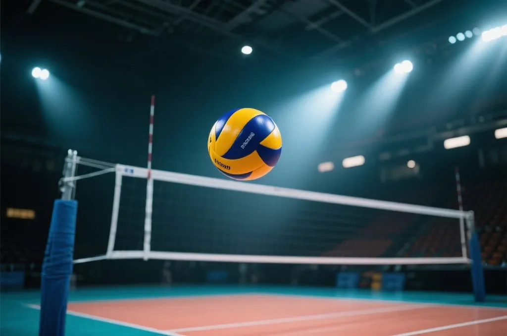 An indoor volleyball court with a volleyball suspended in the air near the net, dramatic stadium lighting, dynamic composition, sports action shot